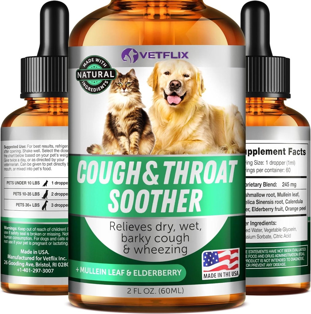 Tratamiento de tos de Kennel para perros &amp; gatos - Hecho en EE.UU. - Alergia de perros &amp; Cat Asthma Relief - Mullen Leaf &amp; Elderberry Blend - Dry, Wet &amp; Barky Cough Relief for Dogs &amp; Cats - All Breeds &amp; Size - 2 Fl Oz