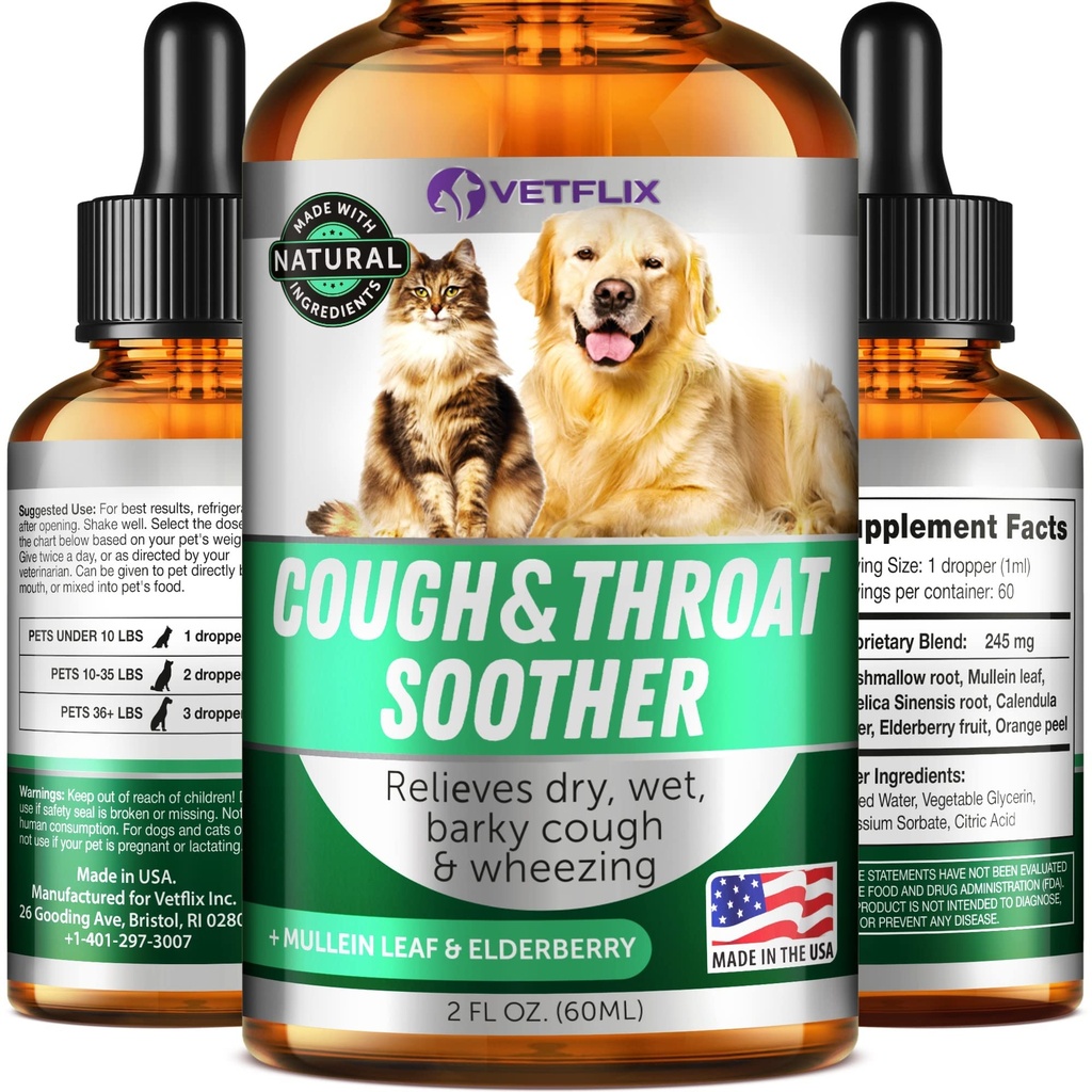 Tratamiento de tos de Kennel para perros &amp; gatos - Hecho en EE.UU. - Alergia de perros &amp; Cat Asthma Relief - Mullen Leaf &amp; Elderberry Blend - Dry, Wet &amp; Barky Cough Relief for Dogs &amp; Cats - All Breeds &amp; Size - 2 Fl Oz