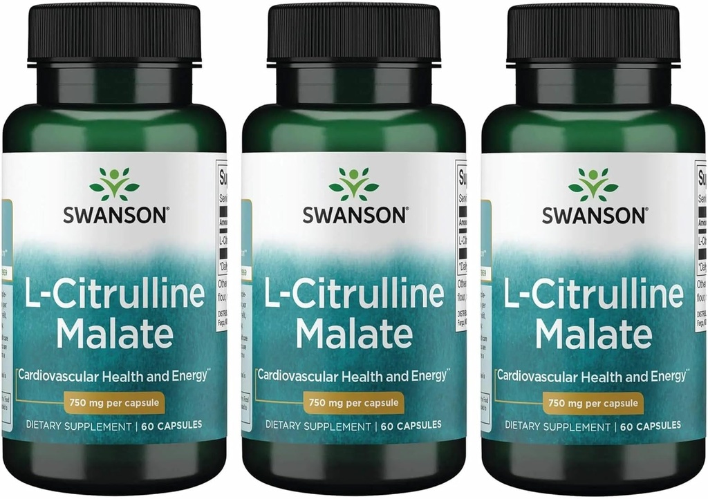 Swanson L-Citrulline Malate - Amino Acid Supplement Promoting Energy Production & Healthy Blood Circulation - Natural Formula Supporting Overall Wellness - (60 Capsules, 750mg Each) (3 Pack)