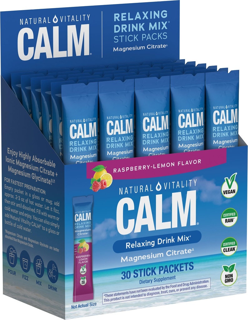 Natural Vitality Calm, Magnesium Citrate Suplemento, Anti-Stress Drink Mix Powder - Gluten Free, Vegan, " Non-GMO, Raspberry Lemon, 0.12 oz, 30 Packets