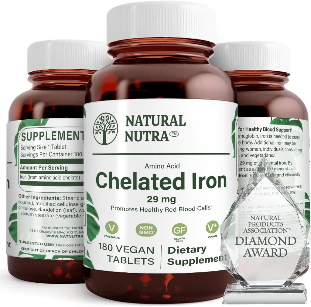 Natural Nutra Chelated Iron Suplemento para Hombres &amp; Mujeres, Salud de uñas, promueve la absorción óptima, ayuda a mejorar el nivel de hierro, mantener la fusión corporal, ayuda a mejorar el crecimiento del cabello, la salud de la piel, 180 tabletas