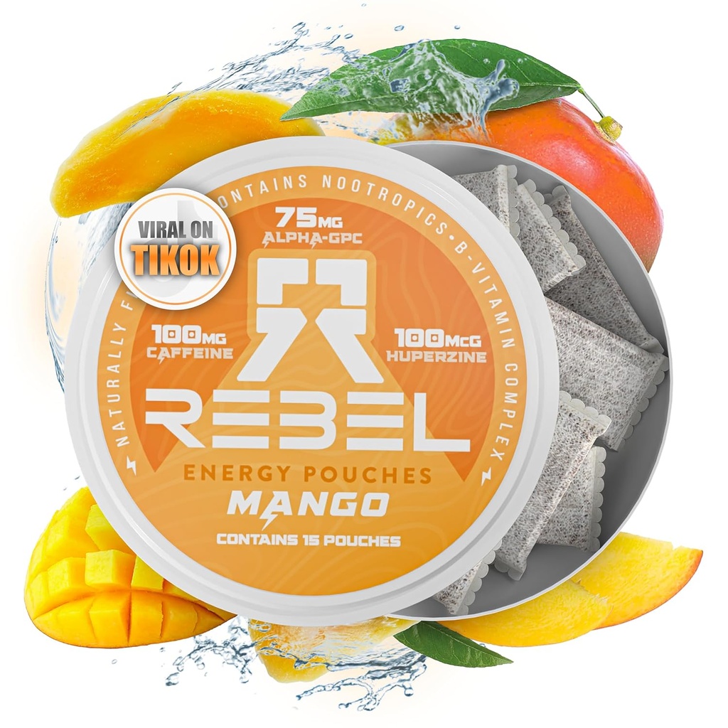 Nootropic Energy Caffeine Pouches • 100mg Caffeine • Alpha GPC • Huperzine A & Essential Vitamins • Sugar-Free • Coconut Fiber Technology • Mango Flavor • 15 Pouches Per Can (Pack of 1)