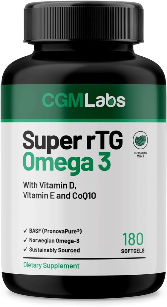 rTG Omega 3 Norwegian Fish Oil with CoQ10 Dietary Supplement- Heart Health & Antioxidant Support with Vitamins D &amp; E – 2000 mg Fuente sostenible – Super rTG Omega 3, 180 Softgels by CGM Labs
