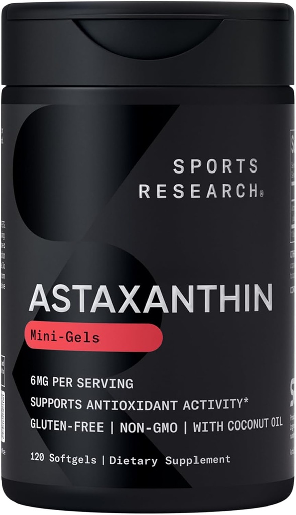 Investigación Deportiva Triple Fuerza Astaxanthin Suplemento (6mg) con aceite de coco orgánico para actividad antioxidante, Skin &amp; Eye Health Support - Non-GMO Verified &amp; Gluten Free - 120 Softgels