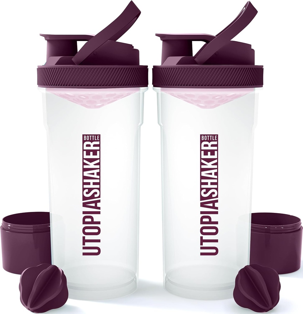 Utopia Home Shaker Bottle 2 Pack - 24 Ounce Plastic Protein or Cocktail Shaker Bottle for Pre &amp; Post workout with Twist & Lock Protein Box Storage (Clear/Plum)