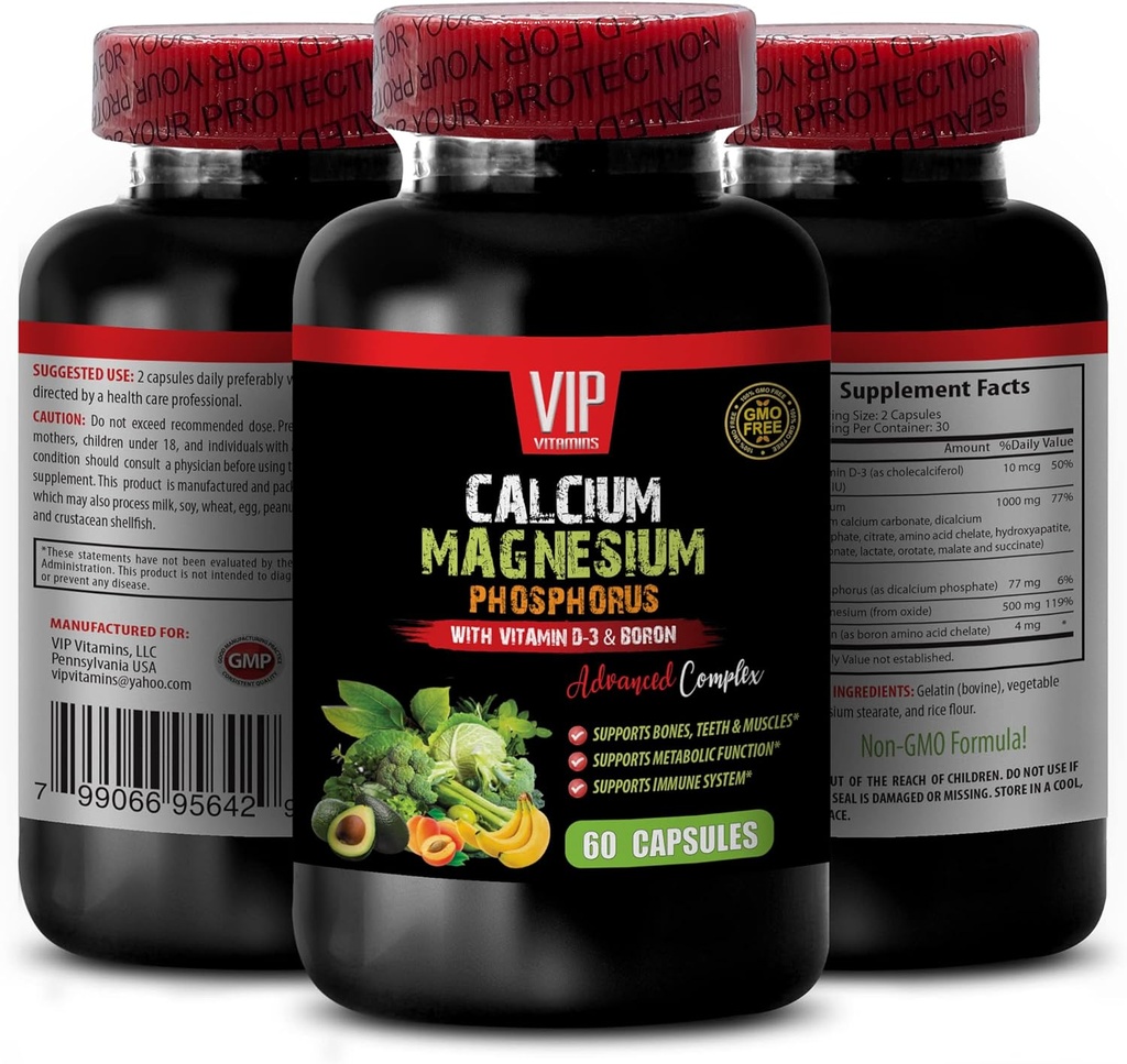 Vitaminas Huesos y Conjuntas - Fosforo de magnesio de calcio, con vitamina D-3 y Complejo Avanzado de Borón - Phosphorus Magnesium, Suplemento de magnesio de calcio, potasio de calcio 1 Bot 60 cápsulas