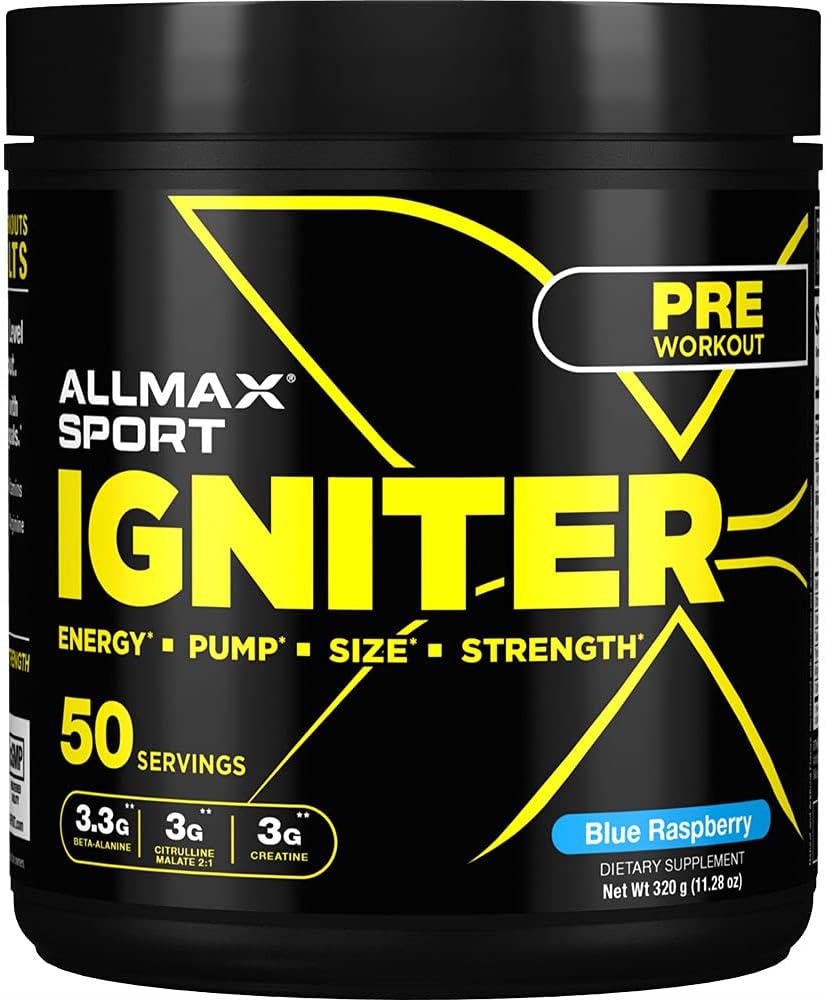 ALLMAX IGNITER Sport, Blue Raspberry - 330 g - Pre-Workout Formula - con Caffeine, L-Citrulline, L-Arginine, Creatine & Beta Alanine - Hasta 50 Servings