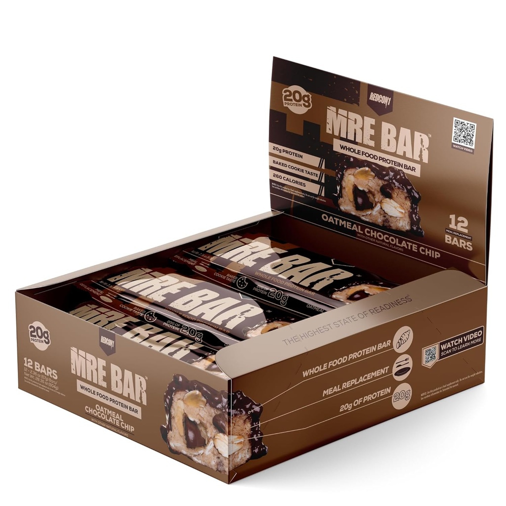 REDCON1 MRE Protein Bar, Oatmeal Chocolate Chip - Contiene MCT Oil + 20g de Whole Food Protein - Fácilmente Digestible, Macro Balanced Low Sugar Meal Replacement Bar (12 Bares)