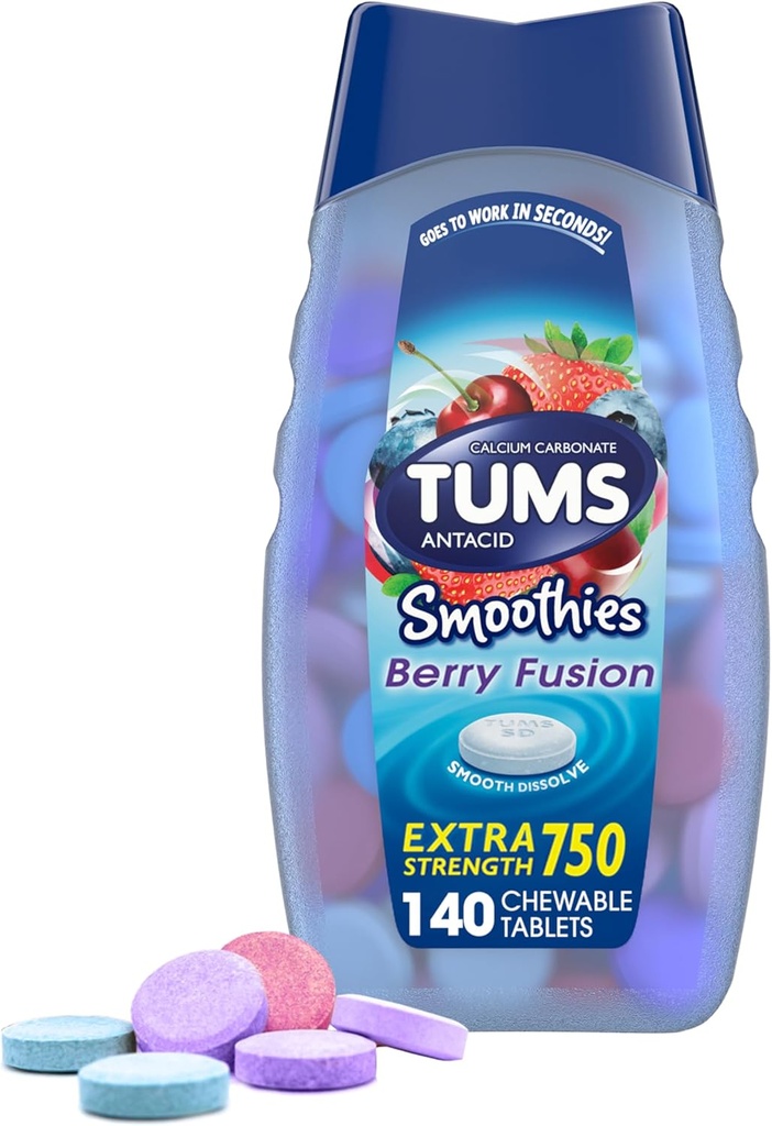 TUMS Antacid Smoothies Berry Fusion Extra Strength 750, Smooth Dissolve - 140 Chewable Tablets