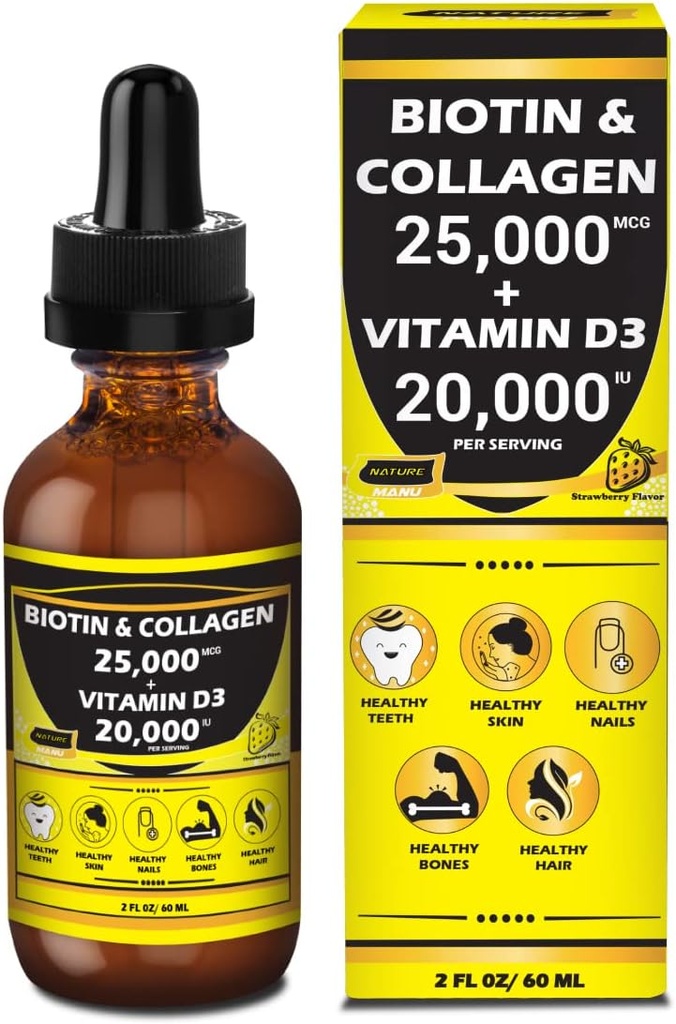 Nature Manu-Premium 25,000mcg Liquid Biotin & Collagen+20,000iu Vitamin D3 All-in-one Wellness Daily Drops. Admite la piel sana, uñas más fuertes, crecimiento del cabello. Sabor de fresa fina - 2 FL OZ/60 ML