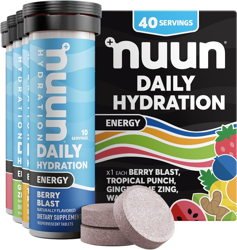 Nuun Energy Electrolyte Tablets with Ginseng, Caffeine from Green Tea Extract, Vitamin B12, B6, B5, Magnesium < 4 Otros electrolitos, Gluten Free > Vegan, Mixed Flavors, 4 Pack (40 Servings Total)