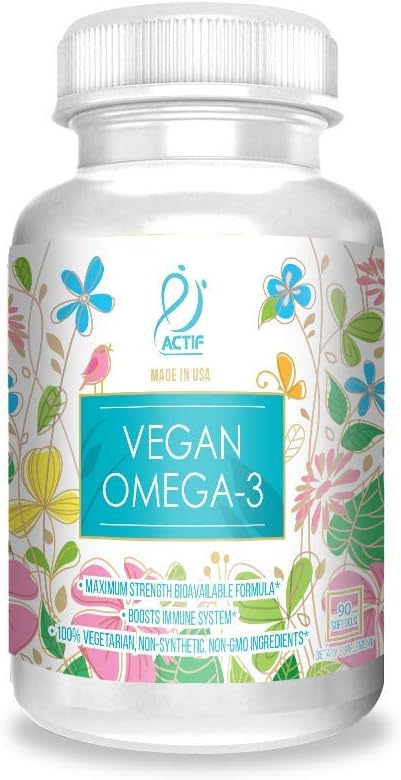 Actif Vegan Omega-3, High Strength Algae Oil Formula, 100% Natural, Organic DHA, EPA, Omega-3 - Non-GMO, 90 cuentan