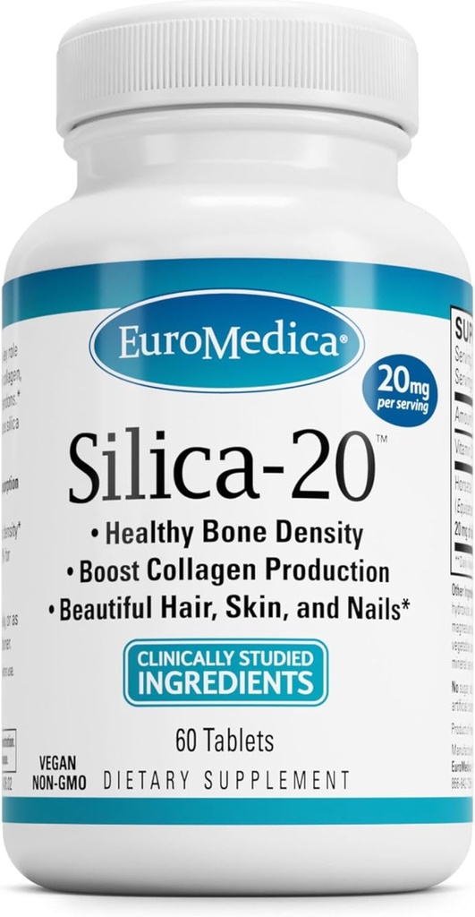 EuroMedica Silica-20 - Complemento Soportes Estructura de bonificación " Producción de colágeno - Dientes fuertes " Densidad de bonificación saludable - Ayuda pelo, piel " uñas Salud - 60 Tabletas (30 Serviciones)