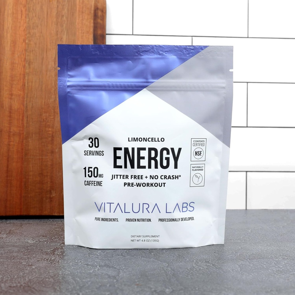 Vitalura Labs Pre-Workout Powder - Caffeine, Theacrine, Rhodiola &amp; L-Theanine for Energy &amp; Endurance - NSF Content Certified - Limoncello Flavored - 30 Servings