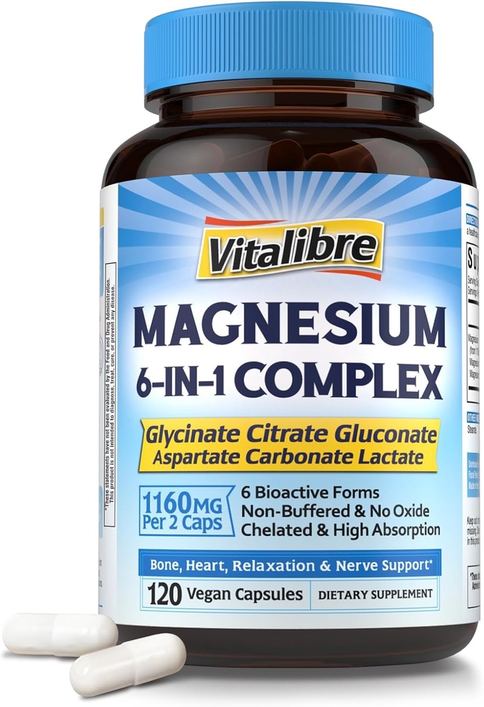 Magnesio Complejo de Magnesio Suplemento 6 en 1, 1160mg Magnesio Chelated para Max Absorción, Ayuda con mejor sueño, relajación &amp; Nerve Calm, 120 cápsulas Vegan, no GMO &amp; Gluten Gratis