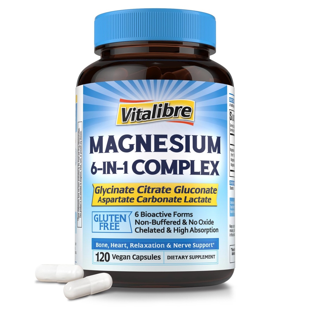 Magnesio Complejo de Magnesio Suplemento 6 en 1, 1160mg Magnesio Chelated para Max Absorción, Ayuda con mejor sueño, relajación &amp; Nerve Calm, 120 cápsulas Vegan, no GMO &amp; Gluten Gratis