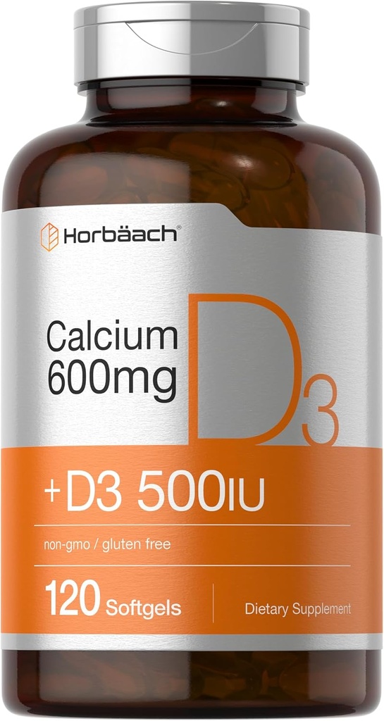 Suplemento de calcio de Horbäach con vitamina D3 TEN 600 mg TEN 120 Softgels TENIDO NO GMO &amp; Gluten Libre Silencio para Hombres y Mujeres