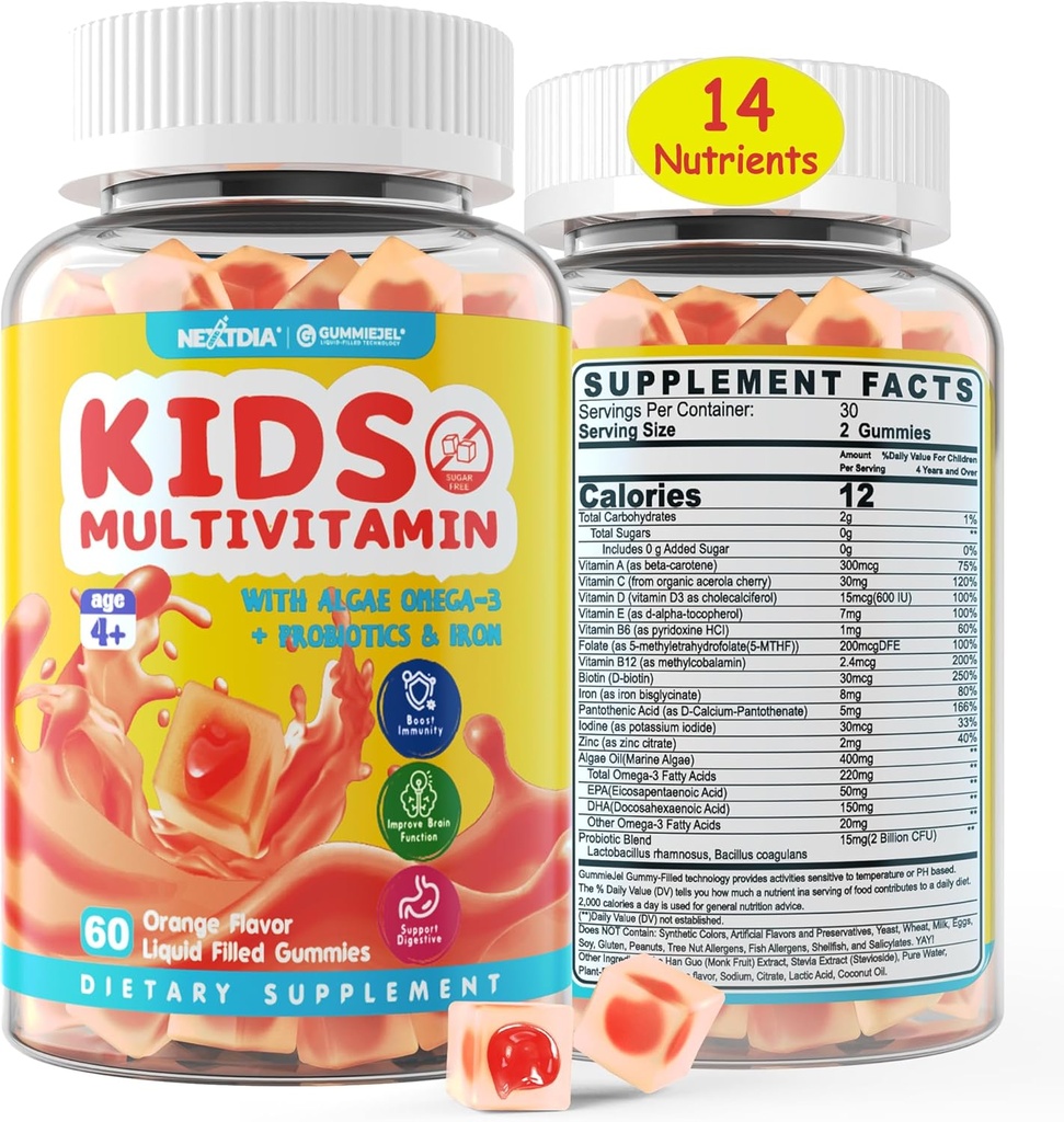 Gummies multivitamínicos para niños con hierro, azúcar libre, vitaminas diarias para niños + probióticos, Algae Omega 3 (EPA/DHA), A, C, D, Metil B12, Folate, B6, Zinc, Biotin, para el crecimiento saludable, Immune Support, 60 Conde