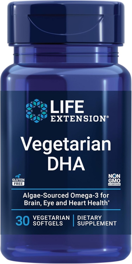 Extensión de vida Vegetariano DHA, Omega-3 de Algae para cognición, Mood &amp; Eye Health, Gluten-Free, Non-GMO, Vegan, 30 softgels