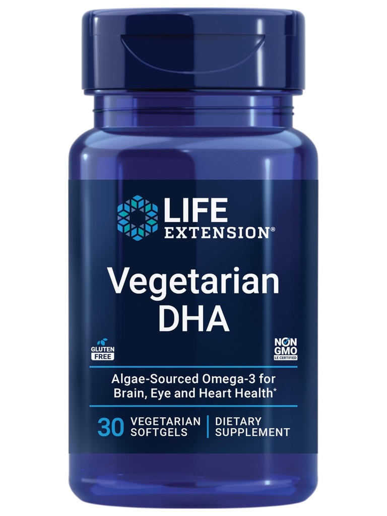 Extensión de vida Vegetariano DHA, Omega-3 de Algae para cognición, Mood &amp; Eye Health, Gluten-Free, Non-GMO, Vegan, 30 softgels