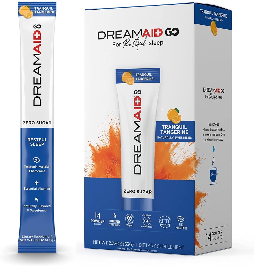 Sleep Aid Drink Mix, DreamAid, Melatonin, Chamomile - Helps Adults Fall Asleep Faster, Sleep Longer and Wake up Feeling Rejuvenated, Zero Sugar & Keto Friendly, 14 Servings (Pack of 1)