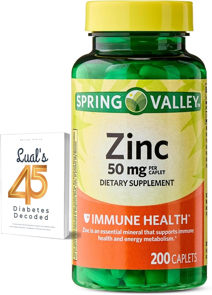 Spring Valley Zinc 50 mg, 200 Conde, suplemento dietético Caplets para la salud inmunitaria, suplementos de inmune, paquete con 45 diabetes de Lual decodificado