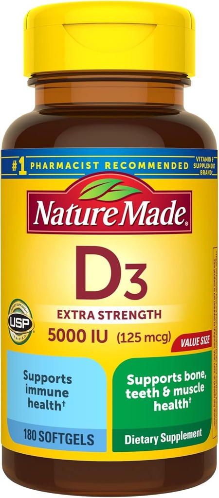 Nature Made Vitamina D3 5000 UI (125 mcg) Softgels, Extra Strength Vitamin D Suplemento para Bone e Immune Health Support, 180 Conde, 180 Day Supply