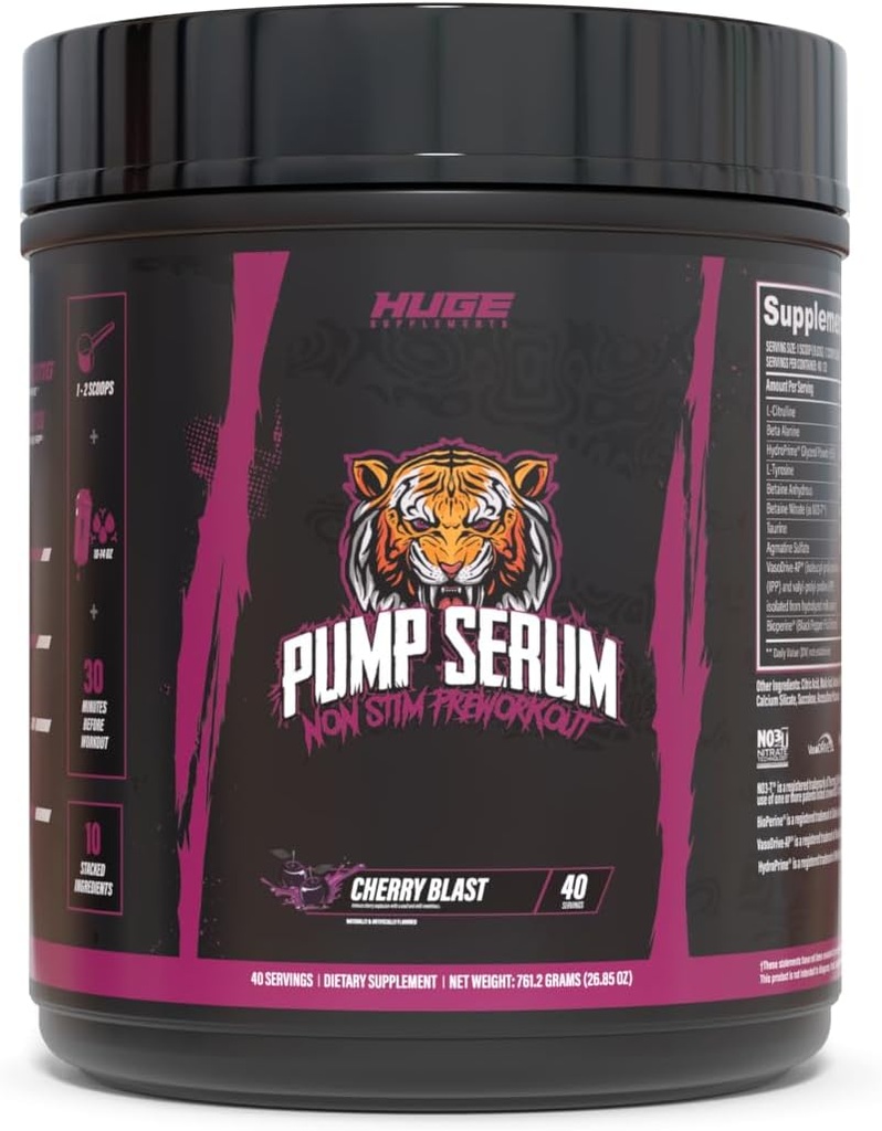 Suplementos enormes Pump Serum, Stim Free Pre Workout y Nitric Oxide Booster to Enhance Focus, Pumps, Fulness with No Caffeine, L-Citrulline, GlycerPump, L-Tyrosine, Nitrosigine (Cherry Blast)