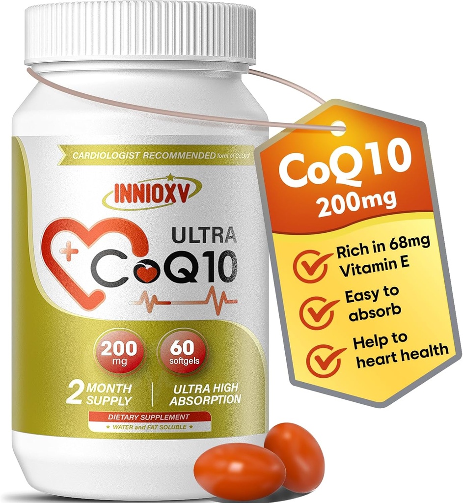 CoQ10 200mg Softgels – Coenzima de alta absorción Q10 para la salud del corazón, energía celular y soporte antioxidante – 60 Softgels