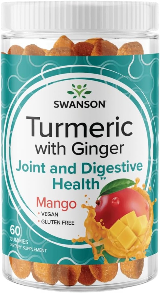 Swanson Turmeric con Ginger Gummies - All Natural Supplement Promoting Digestive & Immune System Health - Helps to Support Joint Function & Movement Ability - (Mango, 60 Gummies)