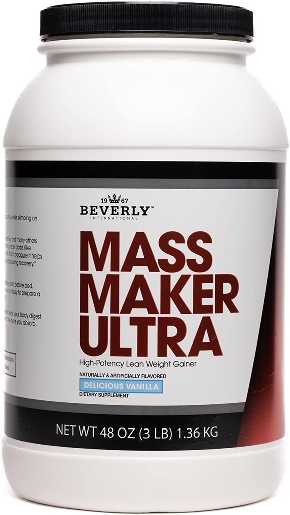 Beverly International Mass Maker Ultra Vanilla, 14 Servings, 3lb. Construir masa magra Como un Pro. Milk Protein Isolate, Whey Protein Isolate + Egg. MCT Oil. Carbs limpios, gran sabor