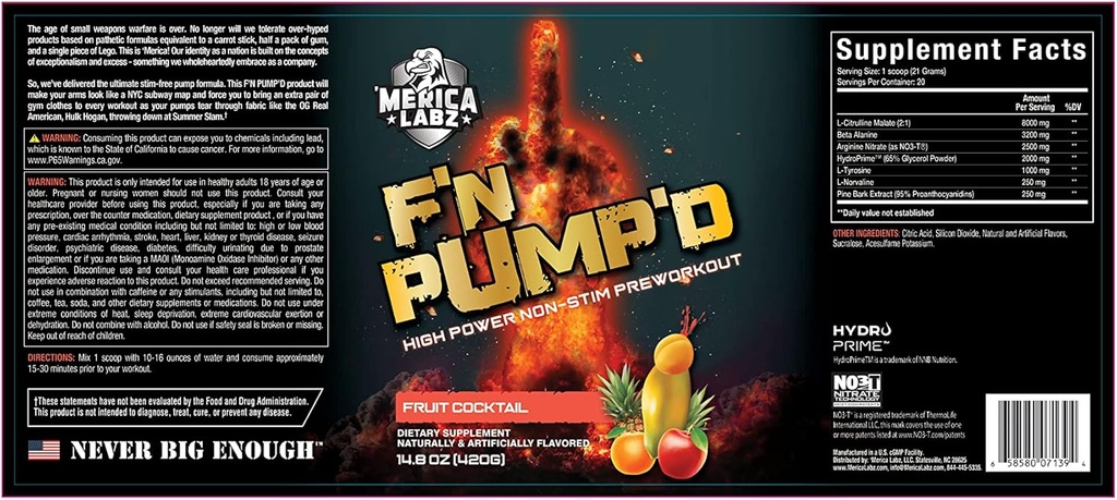 'Merica Labz F'N Pump'D Stimulant Free, Nitric Oxide,Fully Dosed, Pump PreWorkout Powder (20 Servings) (Fruit Cocktail)