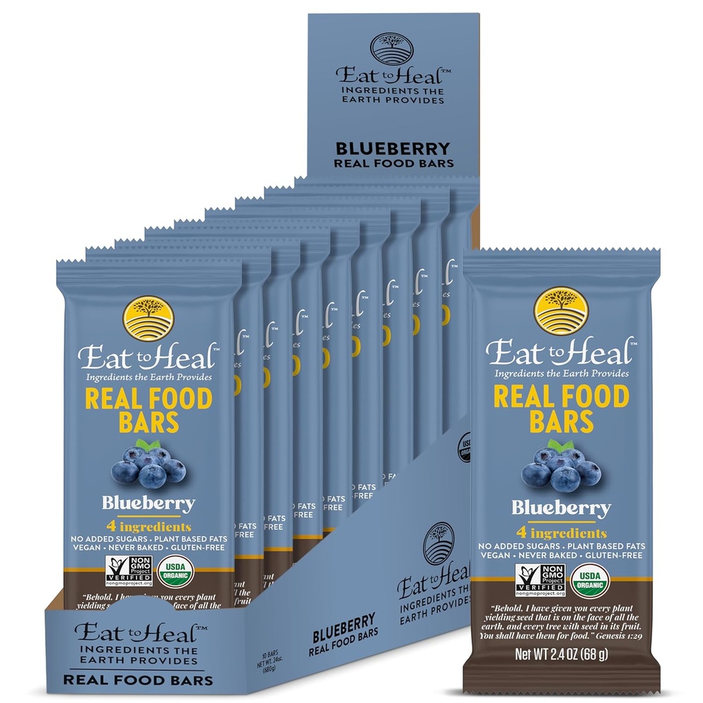 EatToHeal Blueberry Real Food Bar - Organic Protein Bars, Vegan Food, Healthy Gluten Free Protein Food - Low Sugar Protein Bares, Non GMO, Never Baked, Plant Based Organic Snacks - Crafted to Enjoy