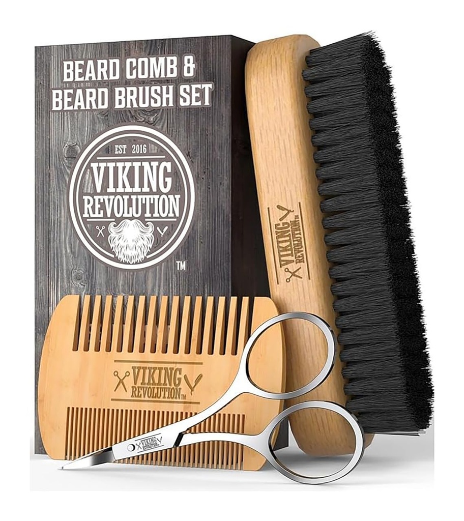 Vikingo juego de pincel de barba de la revolución para hombres - cepillo de brisa natural y doble acción Pear Wood Comb w/Velvet Travel Pouch - Ideal para guardar barbas y bigotes