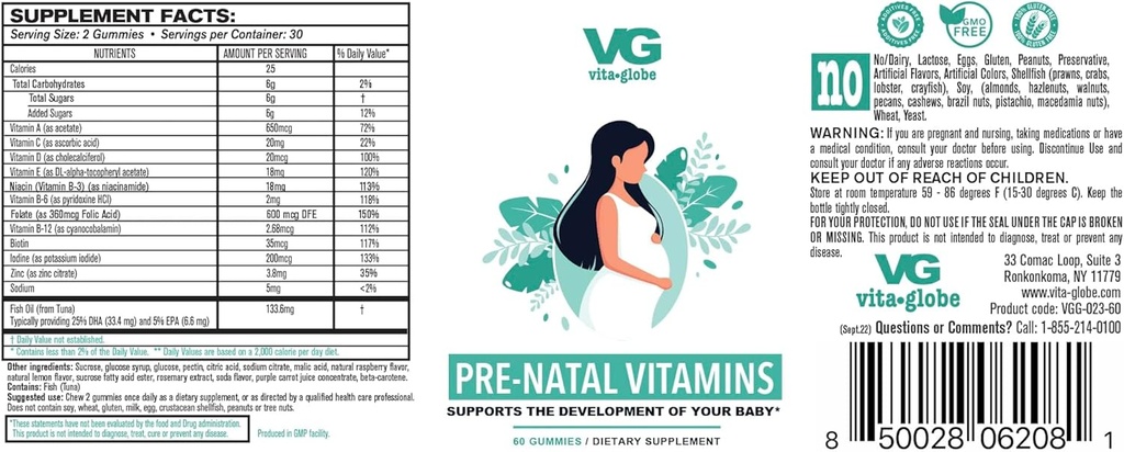 VITA GLOBE Prenatal Fish Oil Gummy Vitaminas - Mujeres Multivitamínico para el crecimiento saludable y el desarrollo del cerebro con vitamina A, D E, B6, Folate y Biotina, 60 Cuenta