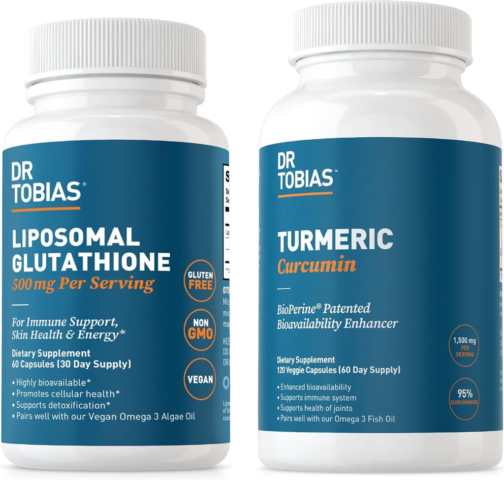 Dr. Tobias Turmeric Curcumin and Liposomal Glutathione - Apoya la salud conjunta, la función inmunitaria y la vitalidad de la piel - Vegan, No GMO