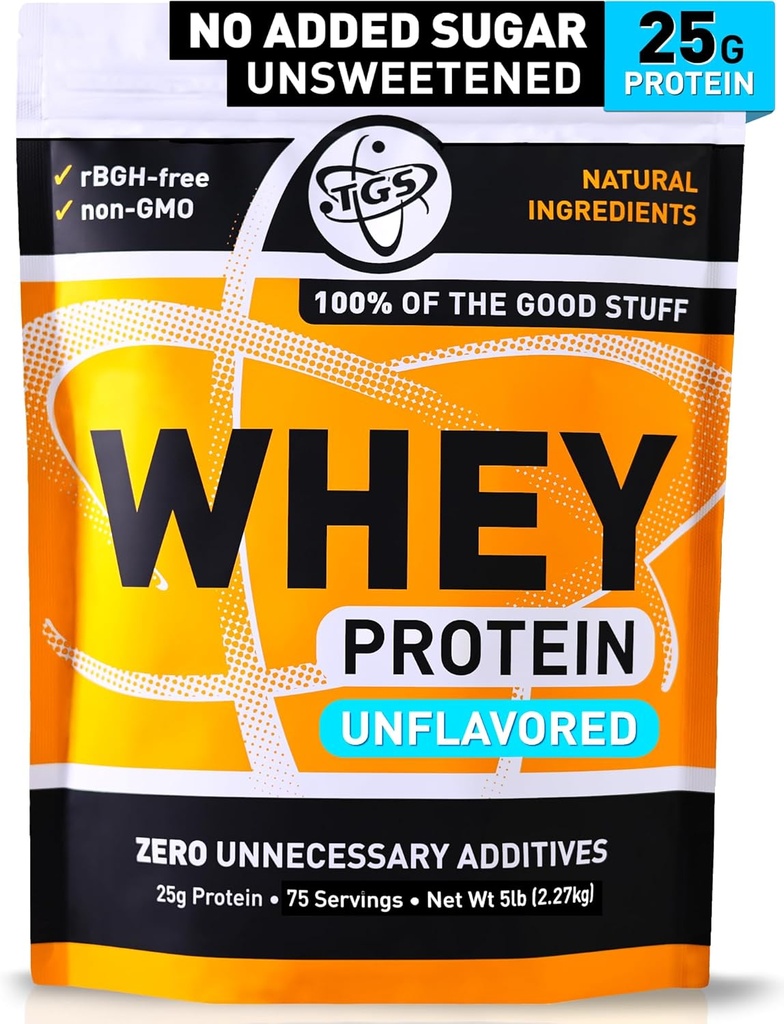 TGS Nutrition 100 Whey Protein Powder Unflavored, Unsweetened - Clean, No Artificial Ingredients for Men &amp; Women - 5lb Bulk, Soy Gluten Gratis, Keto, Low Carb - Post Workout Muscle Recovery