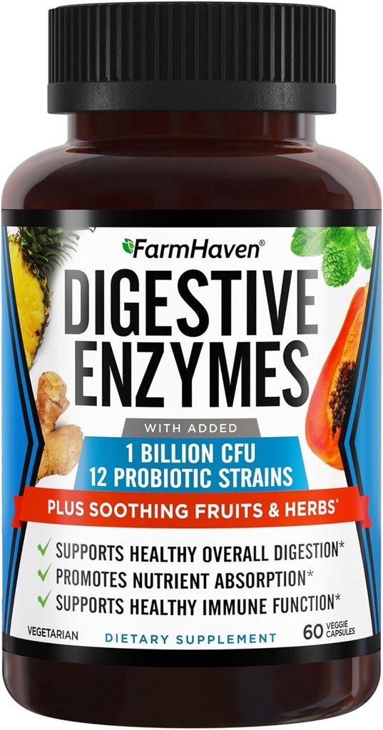 FarmHaven Digestive Enzymes with 18 Probiotics & Herbs peru Papaya, Bromelain, Protease &amp; More for Lactose Absorption " Better Digestion ¦ Helps Bloating, Gas, Constipation ¦ Vegetarian, 60 Capsules