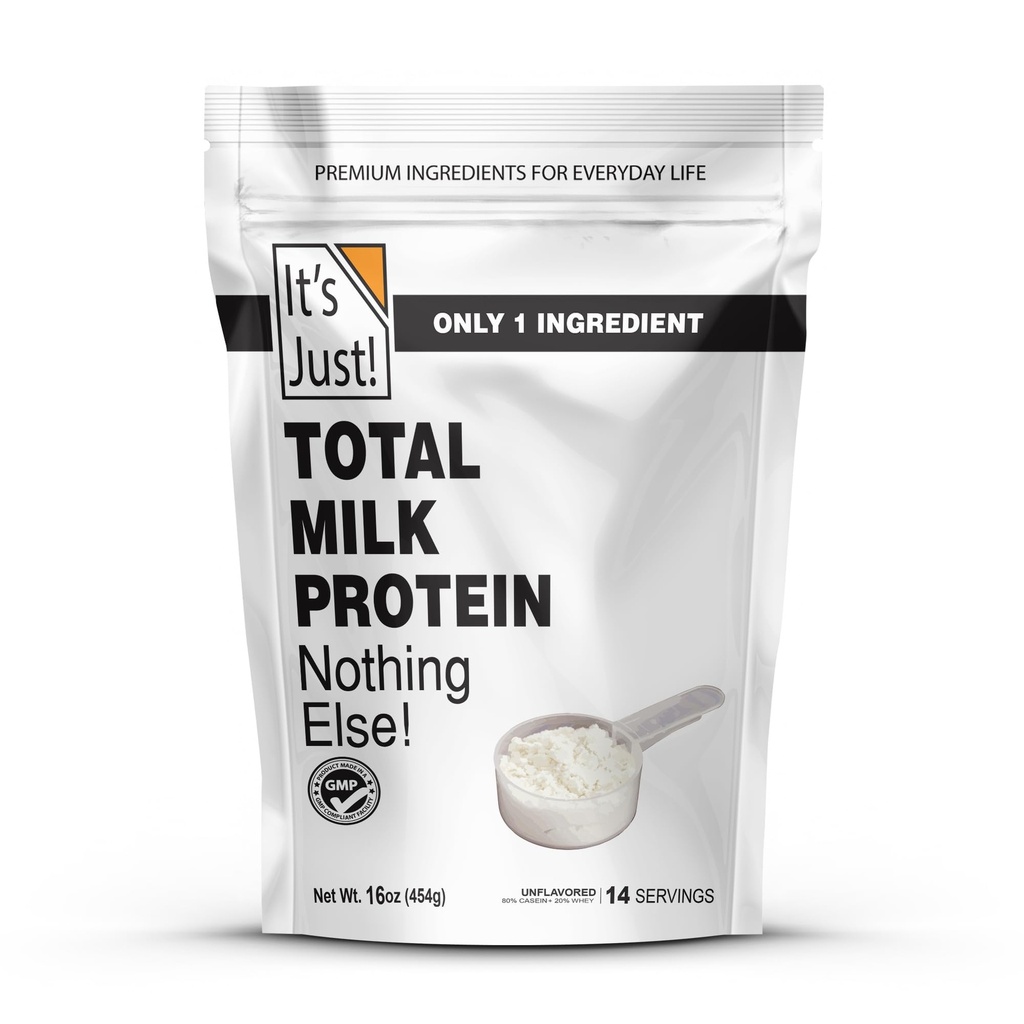 ¡Es sólo! - Polvo Concentrado de Proteína Milk Total, Naturalmente 80% Casein / 20% Whey, rBSH/RBST Hormona Gratis, No Añadido Sugar, MPC-85 (1 Libra, Desflavorada)