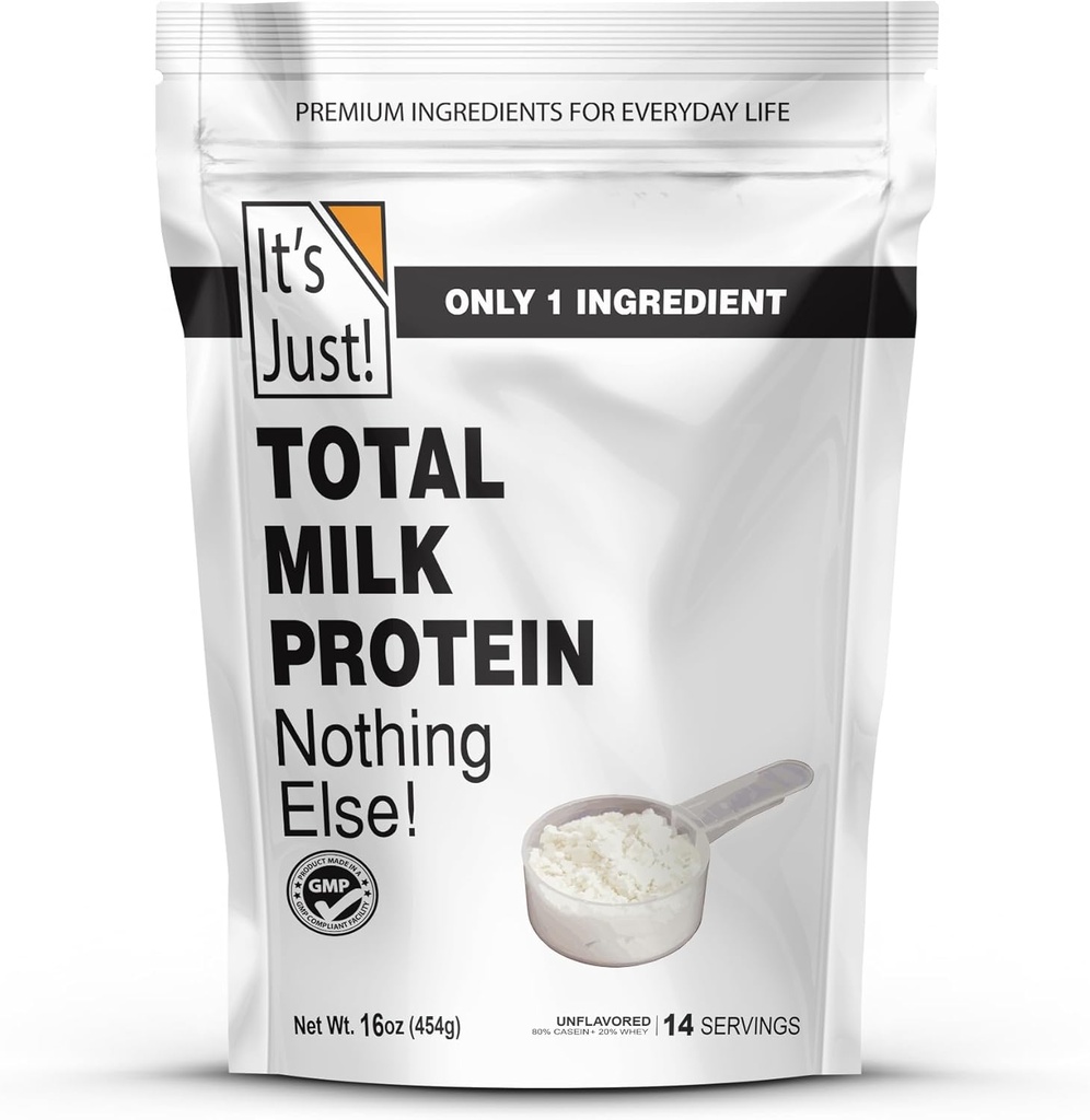 ¡Es sólo! - Polvo Concentrado de Proteína Milk Total, Naturalmente 80% Casein / 20% Whey, rBSH/RBST Hormona Gratis, No Añadido Sugar, MPC-85 (1 Libra, Desflavorada)