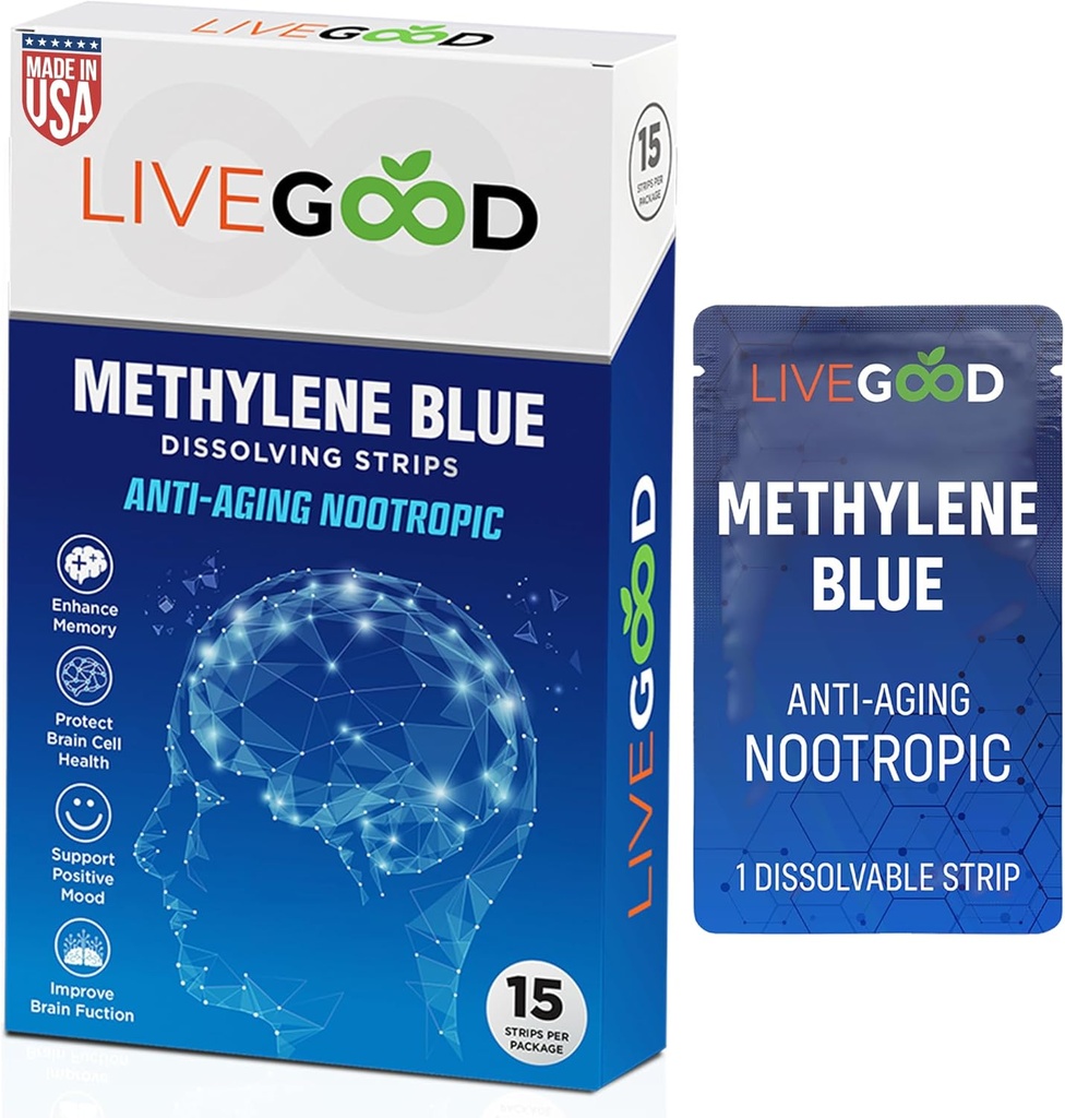 LIVEGOOD Metileno Azul – Metileno Azul para los seres humanos, Suplementos cerebrales para la memoria y el foco, Claridad & energía cognitiva, Apoyo cerebral nootrópico, Hecho en EE.UU., 15 tiras orales con 20 mg