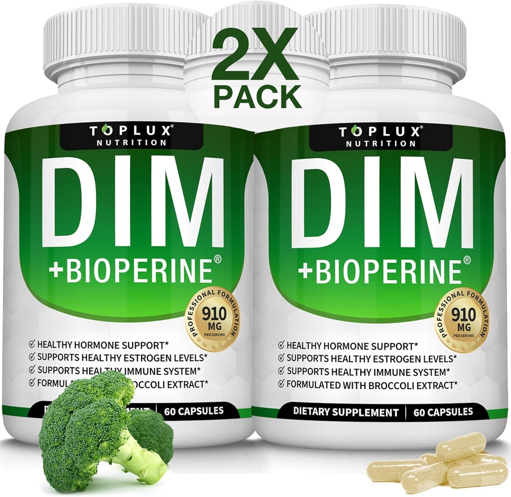 Suplemento de Dim 910 mg Plus Complejo BioPerine - Diindolylmetano para apoyar el equilibrio hormonal y el metabolismo estrógeno, ayuda con el acné de la menopausia PCOS Mejor creación de cuerpo de la piel, para hombres mujeres, 60 cápsulas