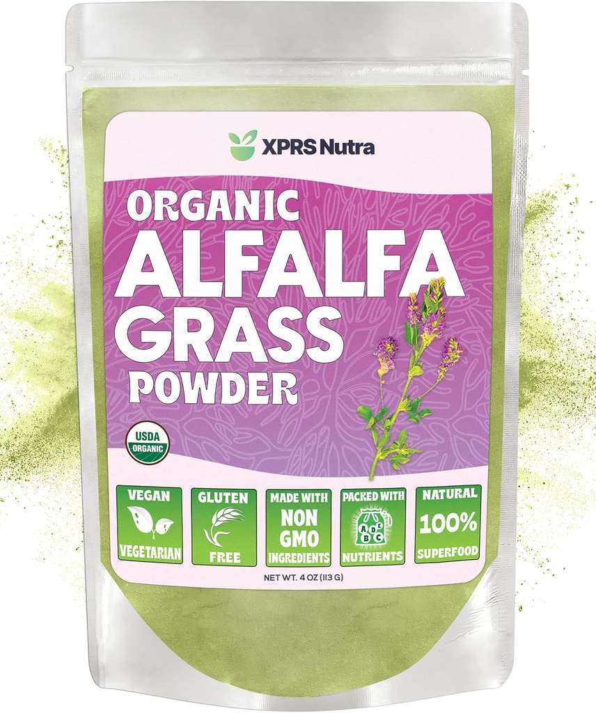 XPRS Nutra Orgánica Alfalfa Powder - Suplemento Vegan Premium Rico en Calcio, Antioxidantes, Vitaminas - Suplemento Farmer Alfalfa para Niños y Adultos - Leaf vegano sano (4 onzas)