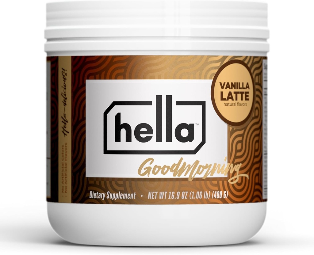 Hella Nutrition Goodmorning Coffee Alternative Caffeine natural with Mushroom Coffee Substitute ← Proteína, Collagen, Vitaminas B-12 &amp; D, Electrolitos, " Minerals  durable Non GMO (20 Servings, Vanilla Latte)