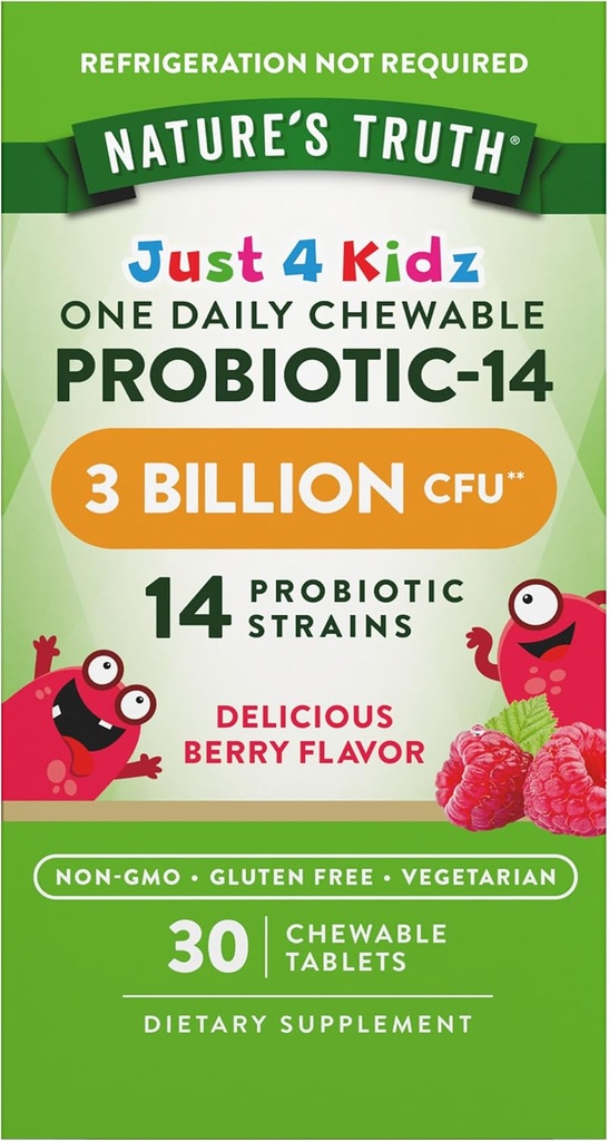 Nature's Truth Probiotics for Kids | 30 Chewable Tablets | 3 Billion CFUs | Berry Flavor | Vegetarian, Non-GMO & Gluten Free Supplement