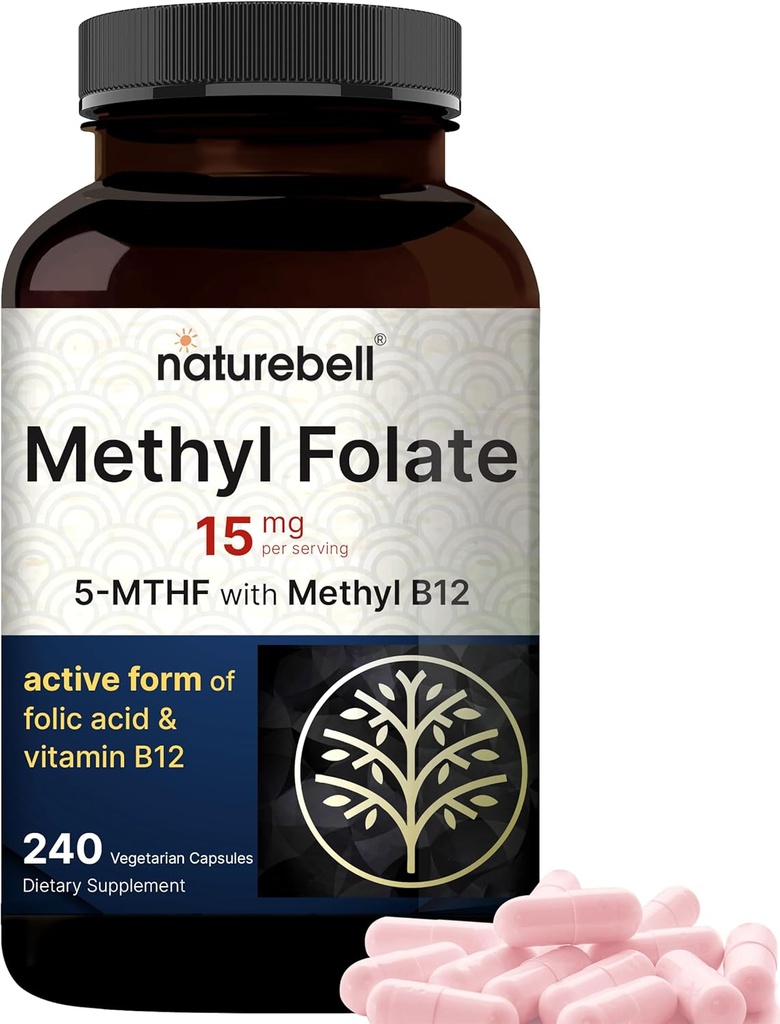 NatureBell L Methylfolate 15mg, 240 Veggie Capsules ← 5-MTHF con Methyl B12 1000mcg ANTE Alta Potency Dual Action for Energy & Cognitive Support, Active Folic Acid – Methyl Folate Supplement