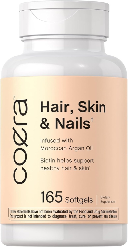 Coera Hair, Skin and Nails Vitamins | 165 Softgels | with Biotin, Collagen & Moroccan Argan Oil | Non-GMO & Gluten Free Supplement for Men and Women