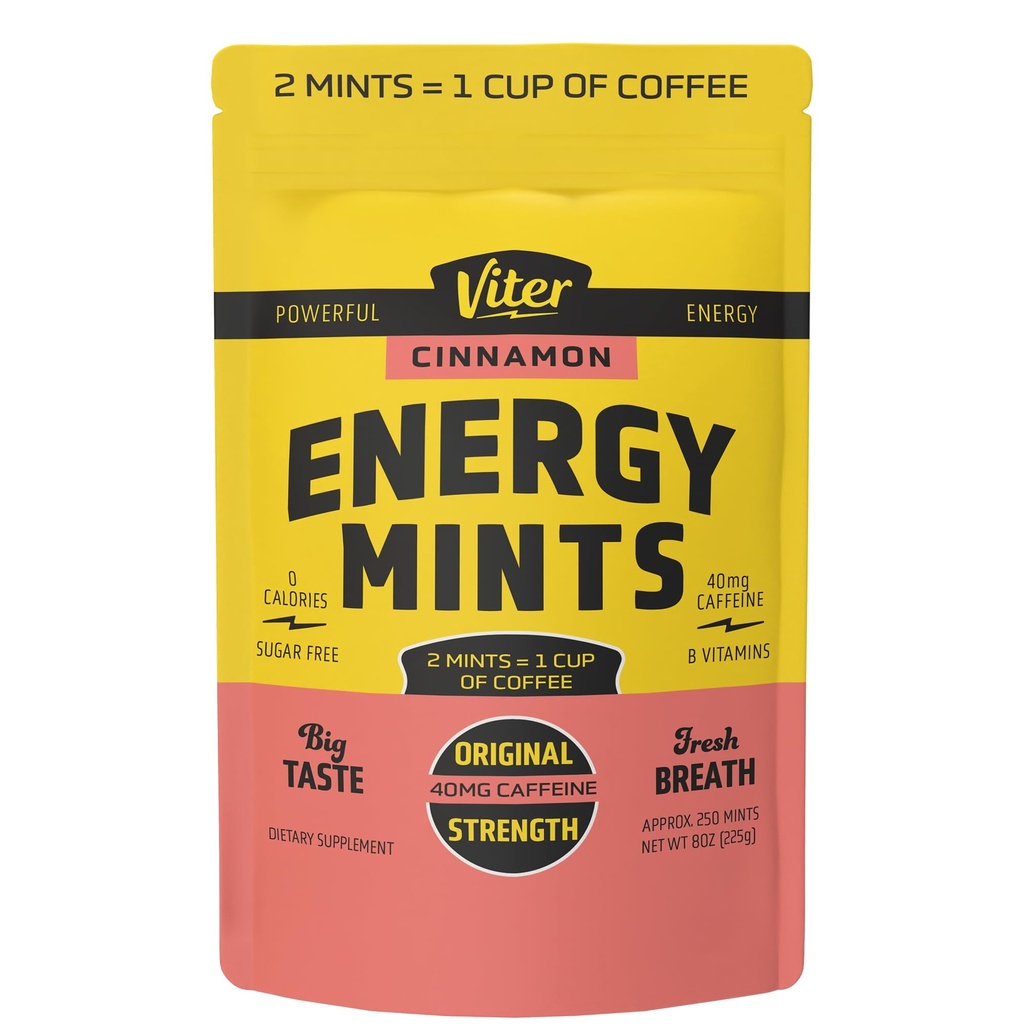 Viter Energy 40mg Caffeine Mints - Sugar Gratis, B Vitaminas, Vegan, Boosts Fast Energized Alert Focus, Caffeinated Nootropic Supplement Pills (Cinnamon Flavor, 8oz, Bulk Bag)