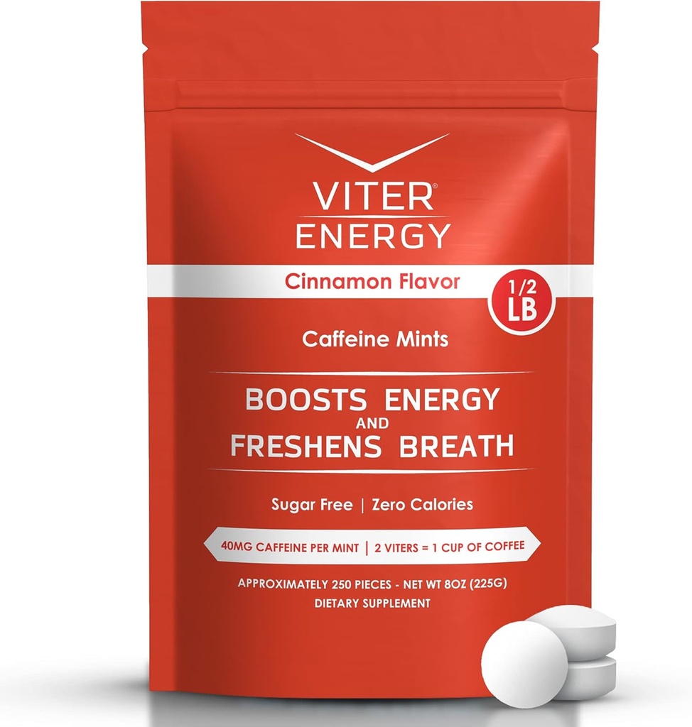 Viter Energy 40mg Caffeine Mints - Sugar Gratis, B Vitaminas, Vegan, Boosts Fast Energized Alert Focus, Caffeinated Nootropic Supplement Pills (Cinnamon Flavor, 8oz, Bulk Bag)