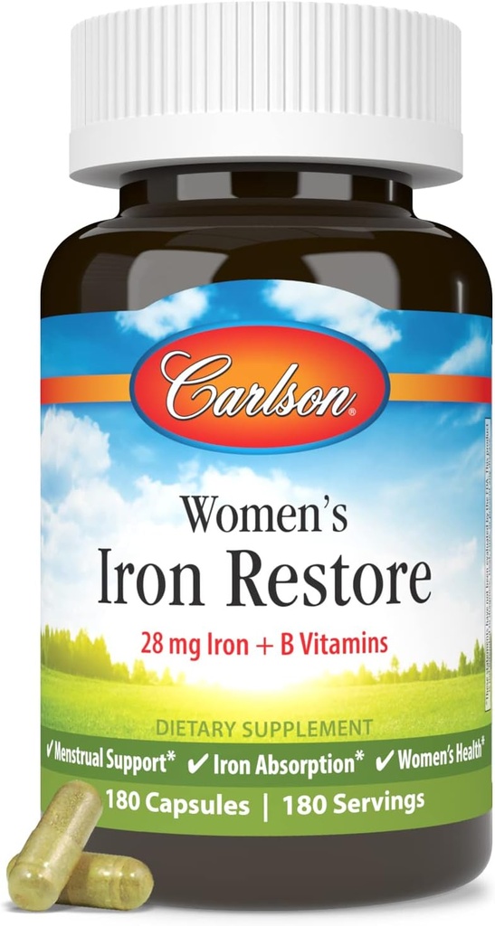 Carlson - Restauración de hierro femenino, 28 mg Vitaminas de hierro + B, Apoyo menstrual, Absorción de hierro " Salud de las mujeres, 180 cápsulas